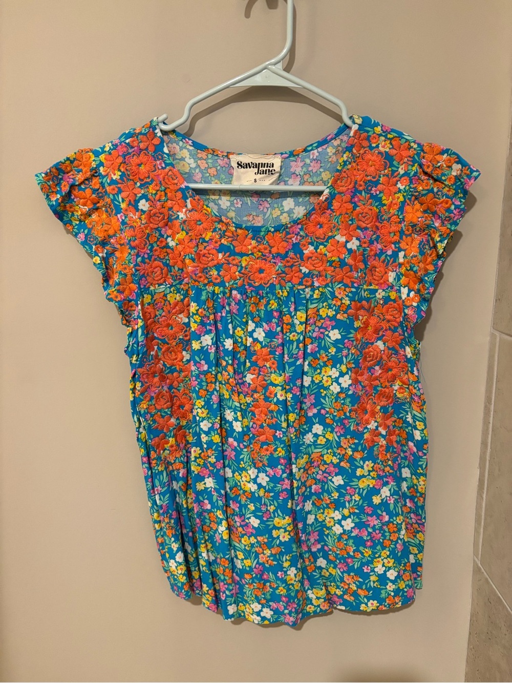 Savanna Jane Teal Floral Scoop Neck Top with Orange Embroidery